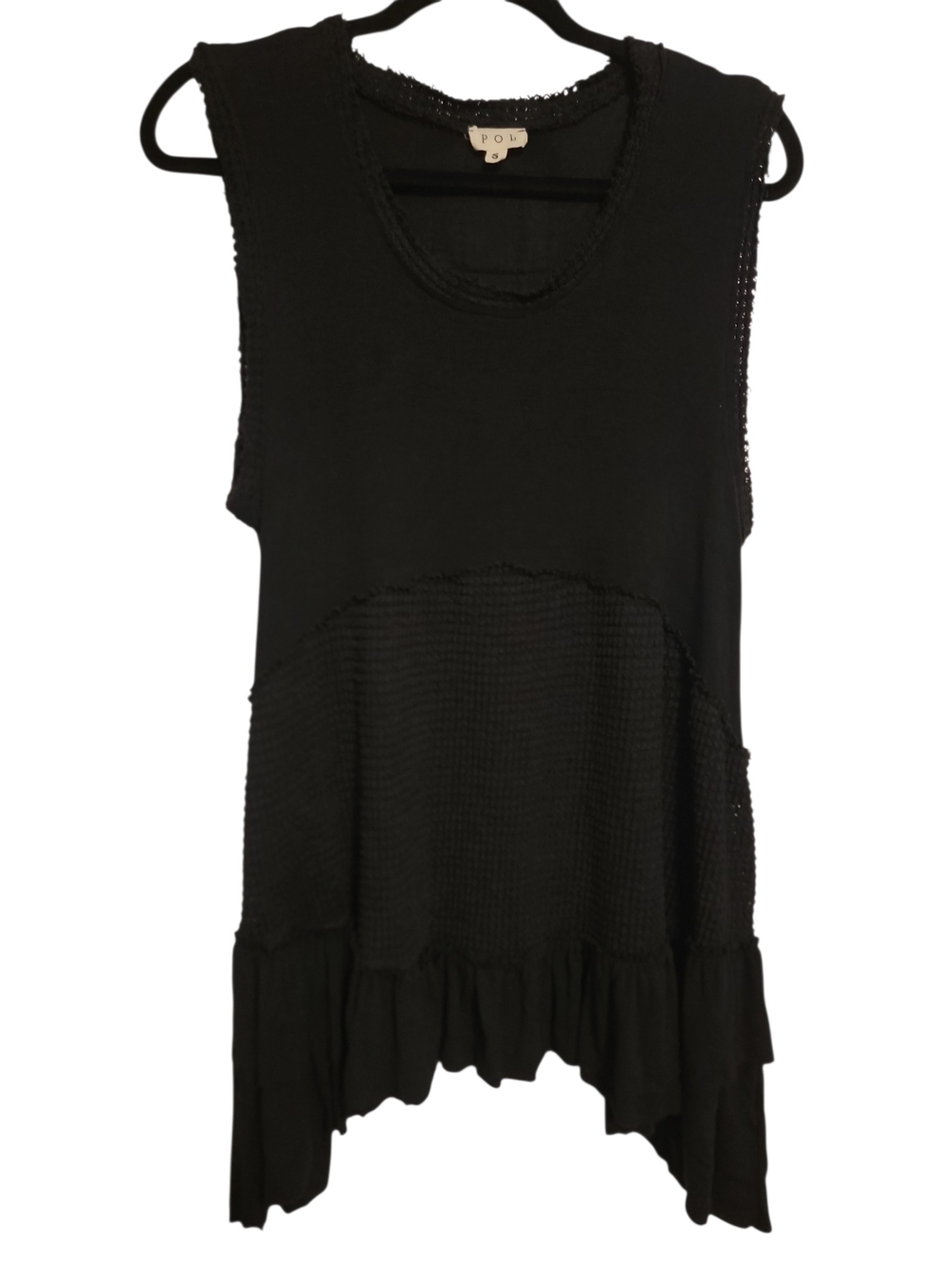 POL Black Sleeveless Textured Knit Tank with Ruffle Hem